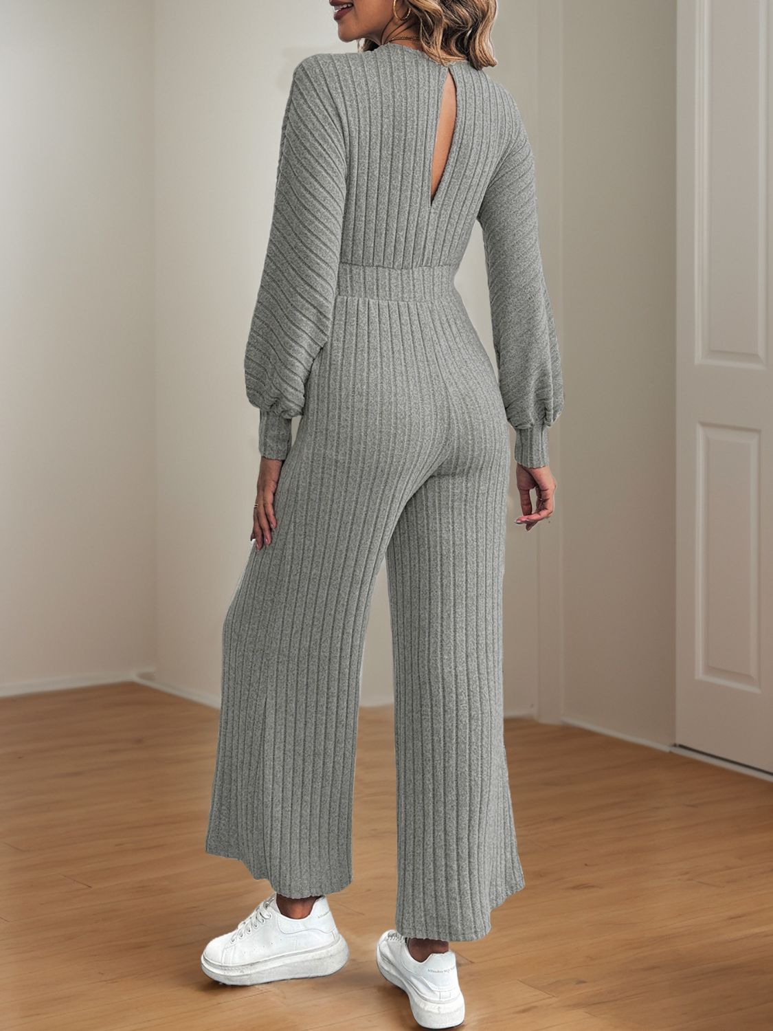 V-Neck Long Sleeve Wide Leg Jumpsuit