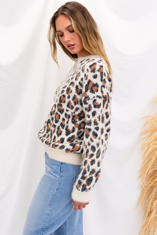 Fuzzy Leopard Pullover Sweater