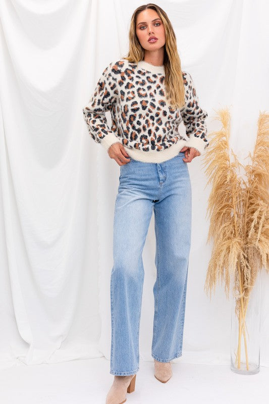 Fuzzy Leopard Pullover Sweater