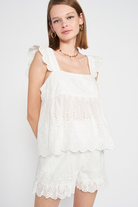 RUFFLE SLEEVE HEM EYELET TOP