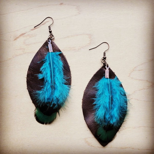 Western Leather Oval Earrings Black Turq Feather