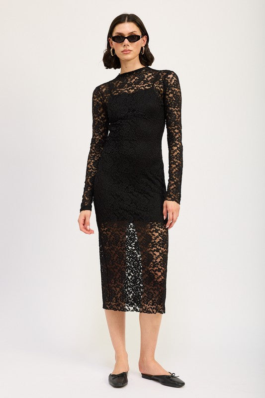 MOCK NECK MIDI LACE DRESS