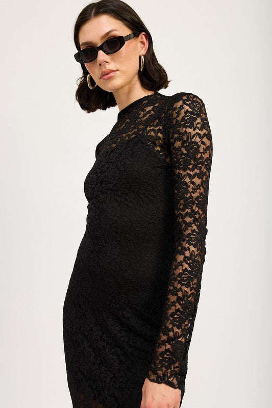 MOCK NECK MIDI LACE DRESS