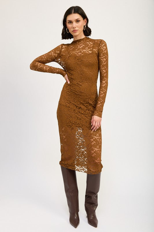 MOCK NECK MIDI LACE DRESS