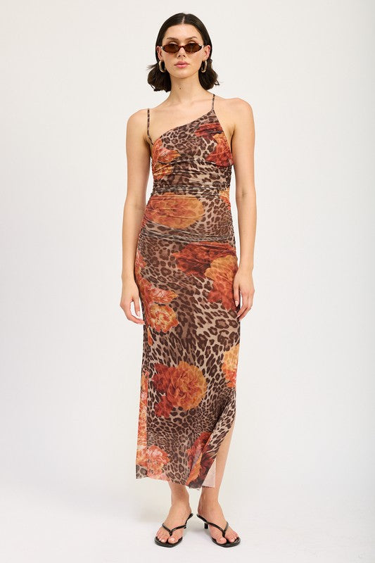 MESH PRINTED ONE SHOULDER MAXI DRESS