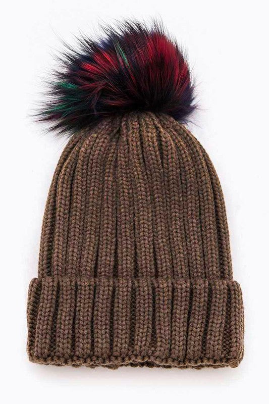 Mix Color Genuine Fur Pom Pom Beanie