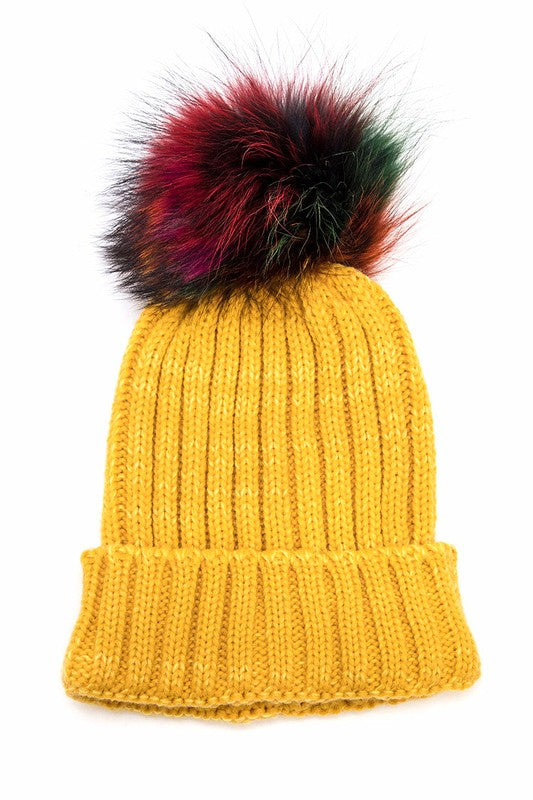 Mix Color Genuine Fur Pom Pom Beanie