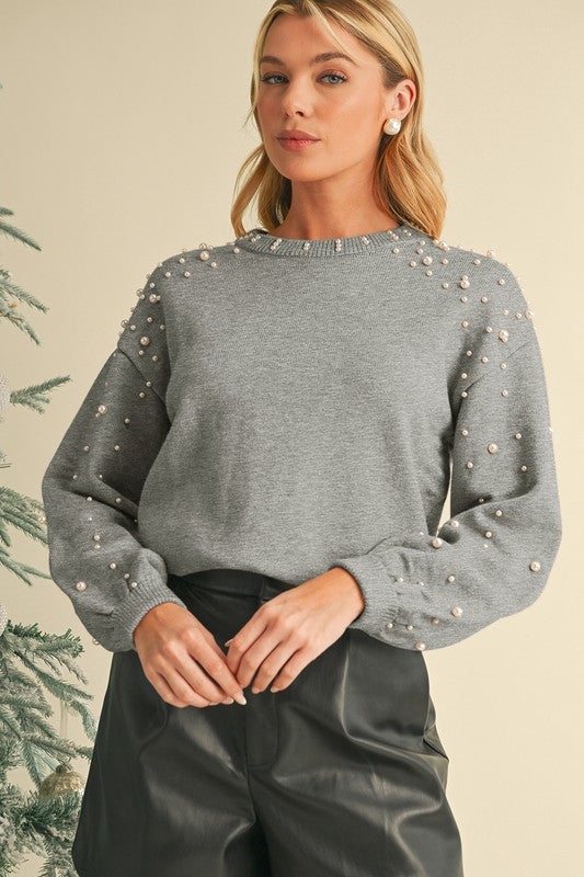 Pearl Drop Shoulder Round Neck Sweater