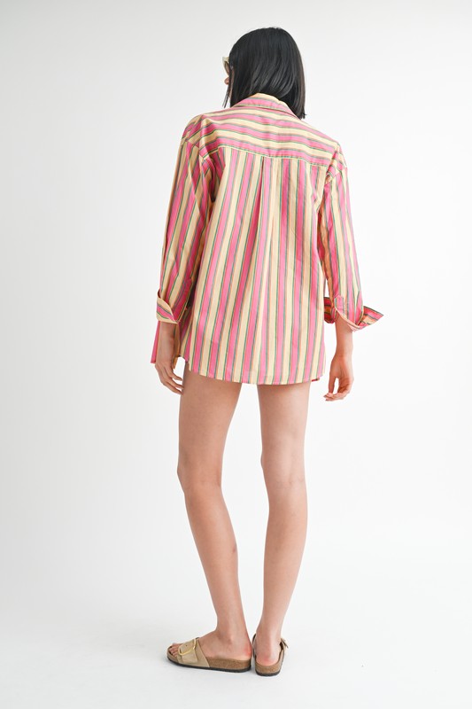 BUTTON UP OVERSIZED COLLARED STRIPE SHIRT