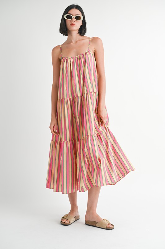 MAXI FLARE SQAURE NECK STRIPE DRESS