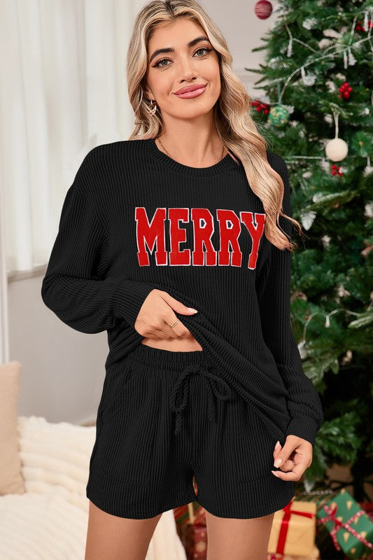 Corded MERRY Long Sleeve Top and Shorts Pajama Set