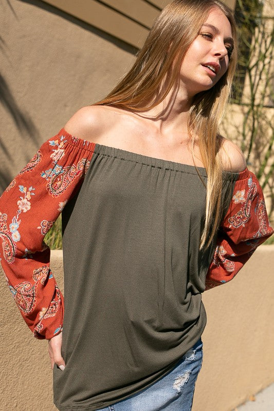 PLUS SOLID PAISLEY OFF SHOULDER TOP