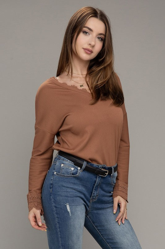 Lace Trim V Neck Long Sleeve Top