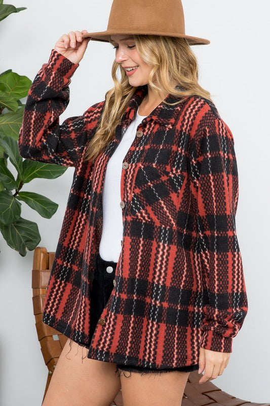 PLUS FUZZY PLAID BUTTON DOWN SHACKET