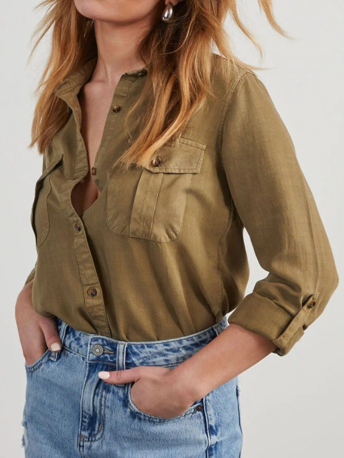 Collared Neck Roll-Tab Sleeve Denim Top