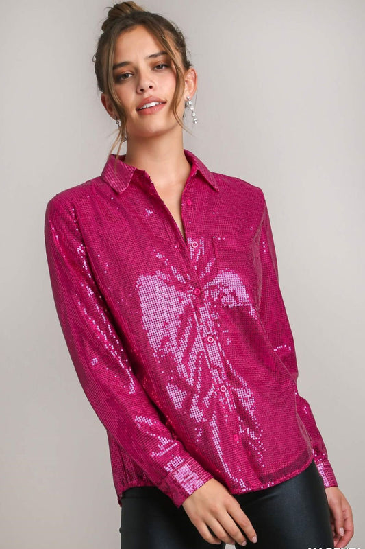 Umgee Sequin Long Sleeve Shirt with Side Chest Pocket