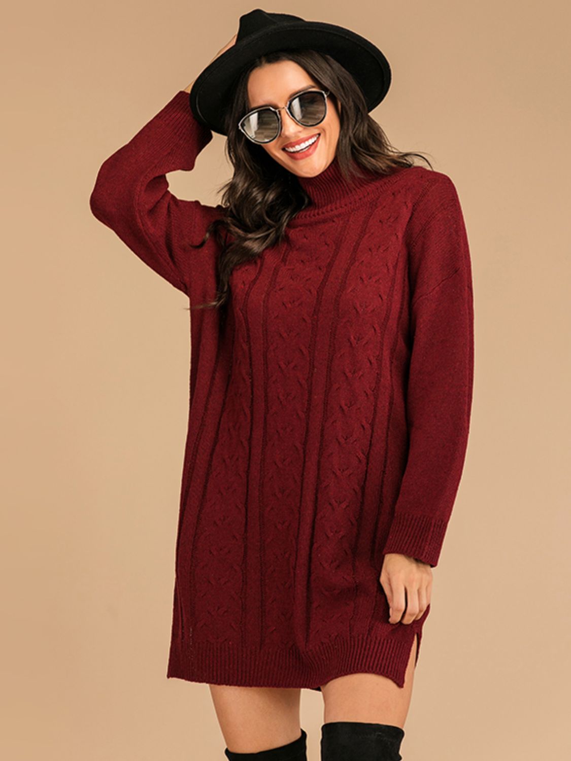 Perfee Slit Turtleneck Long Sleeve Mini Sweater Dress