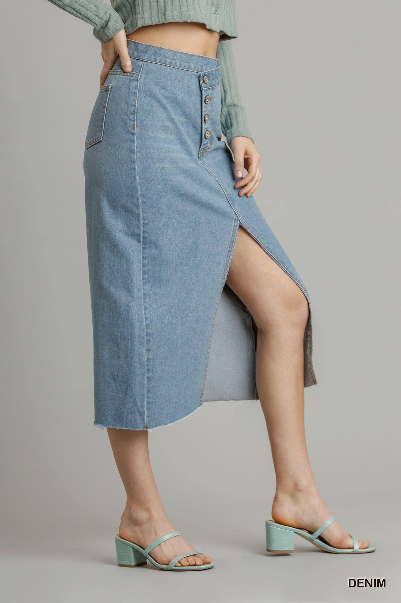 Asymmetrical Waist And Button Up Front Split Denim Skirt With Back Pockets And Unfinished Hem